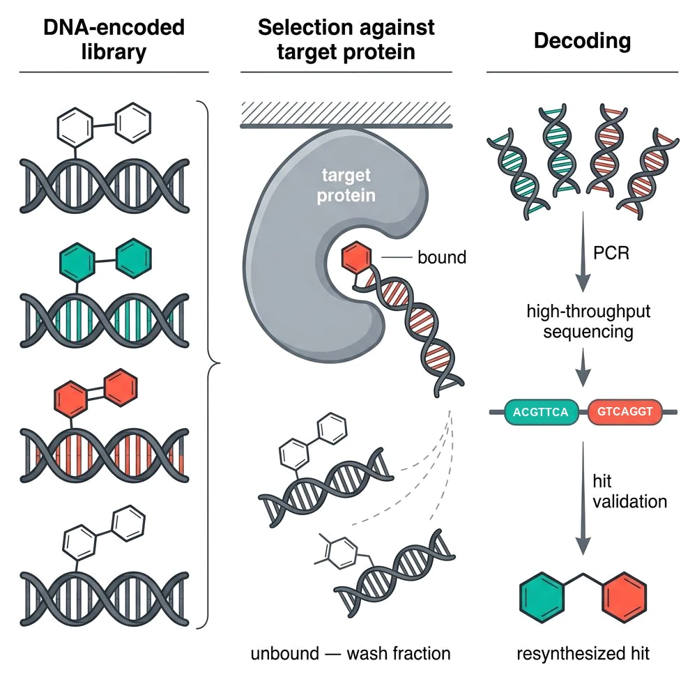 Three stages side by side. DNA-encoded library: small molecules
                      each attached to a DNA double helix that encodes their structure.
                      Selection against target protein: the library is washed over an
                      immobilised target; one compound stays bound while the rest leave
                      in the wash fraction. Decoding: the bound compounds' DNA tags are
                      amplified by PCR, read by high-throughput sequencing, and the hit
                      is resynthesised without its tag for validation.