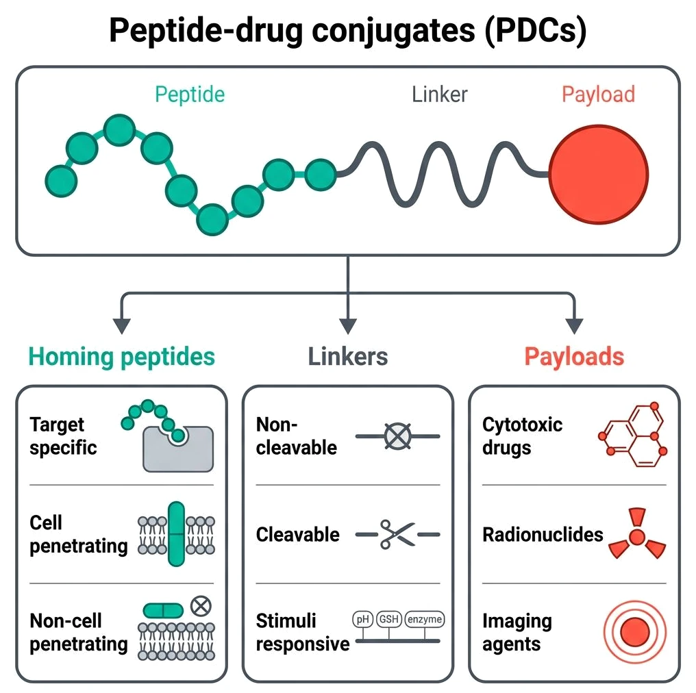 A peptide-drug conjugate in three parts: a chain of linked circles
                      labelled Peptide, tumour receptor binder; a short chain labelled
                      Linker, cleavable; and a ring structure labelled Payload,
                      cytotoxic drug.